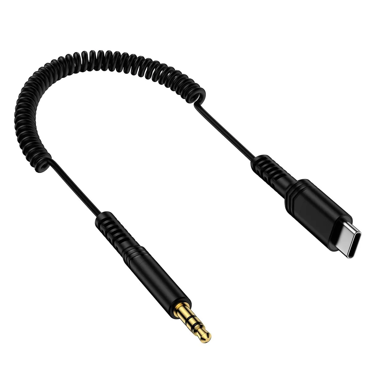  GE USB-C to 3.5 mm coiled audio cable 1.3–3 ft black — product photo