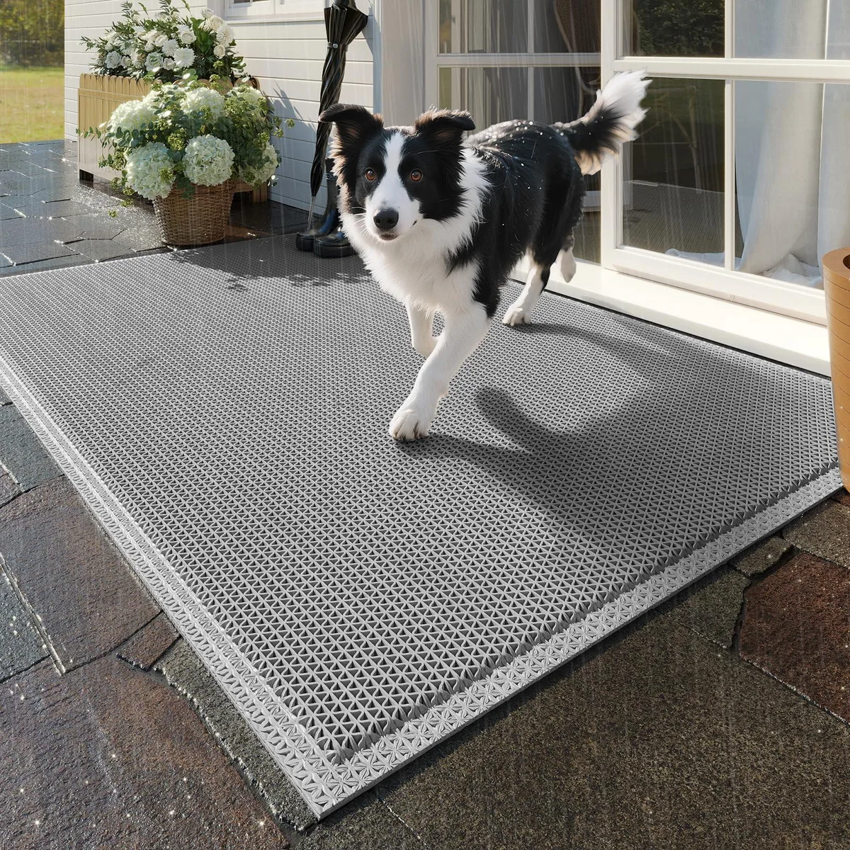 Rectangular grey bamboo door mat with striped pattern and drainage holes