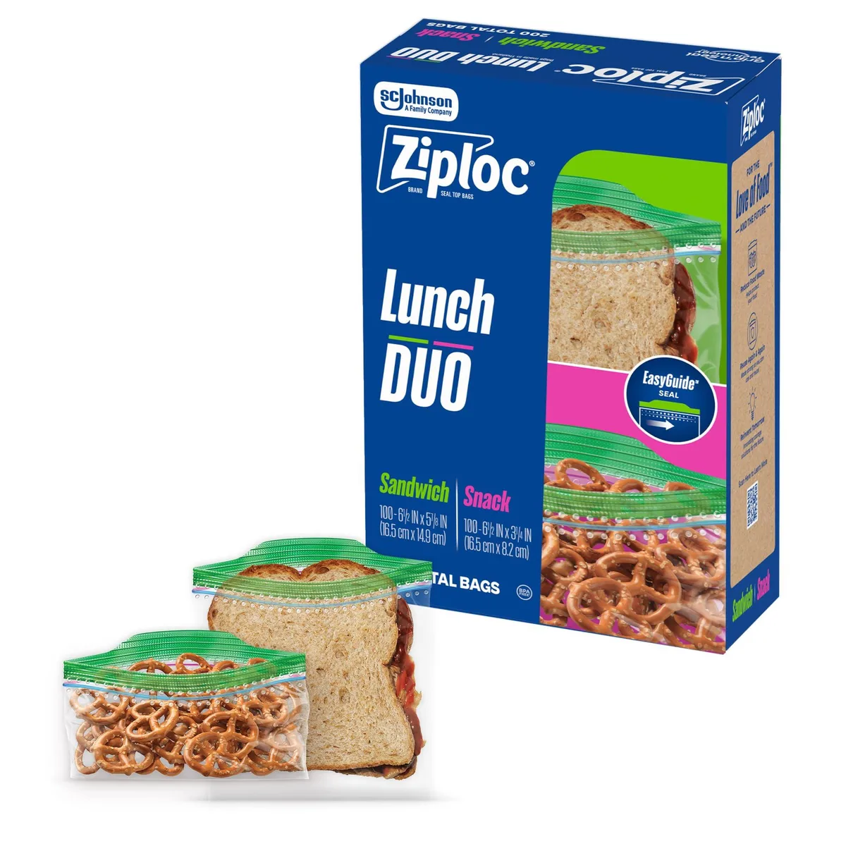 Clear plastic snack and sandwich bags in a compact box