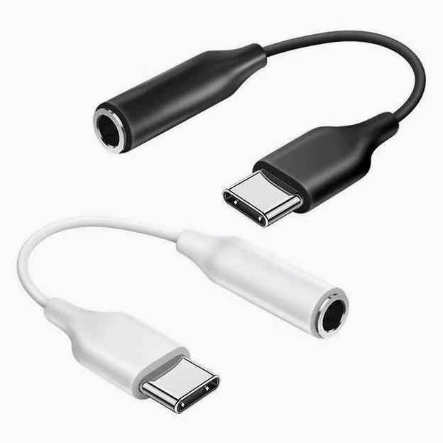 White USB-C to 3.5 mm DAC audio cable with straight connectors