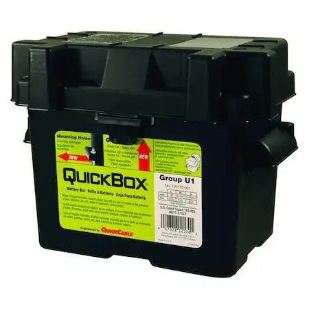 Black plastic battery box with removable snap-on lid, rectangular shape, smooth matte finish