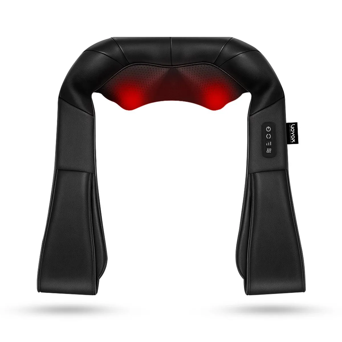 Blue U-shaped electric massager with mesh fabric and integrated control panel, 34.5 cm wide