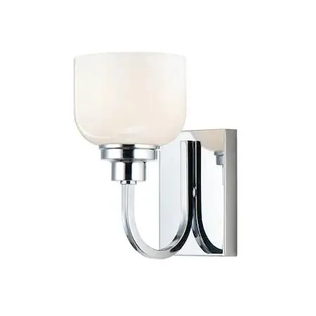 Polished chrome vanity light with curved square tube arms and white opal glass shade