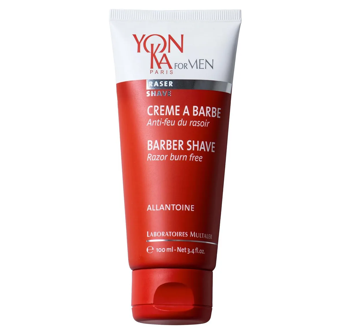 White cylindrical tube with black cap labeled TAURKENAM Shave Cream 3.4 fl oz