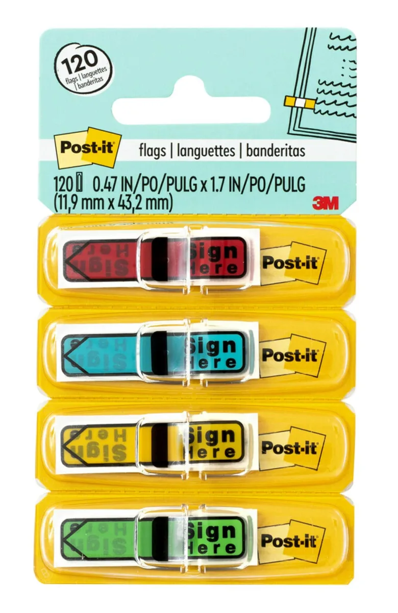 Four small dispensers of coloured Sign Here flags in green red blue yellow