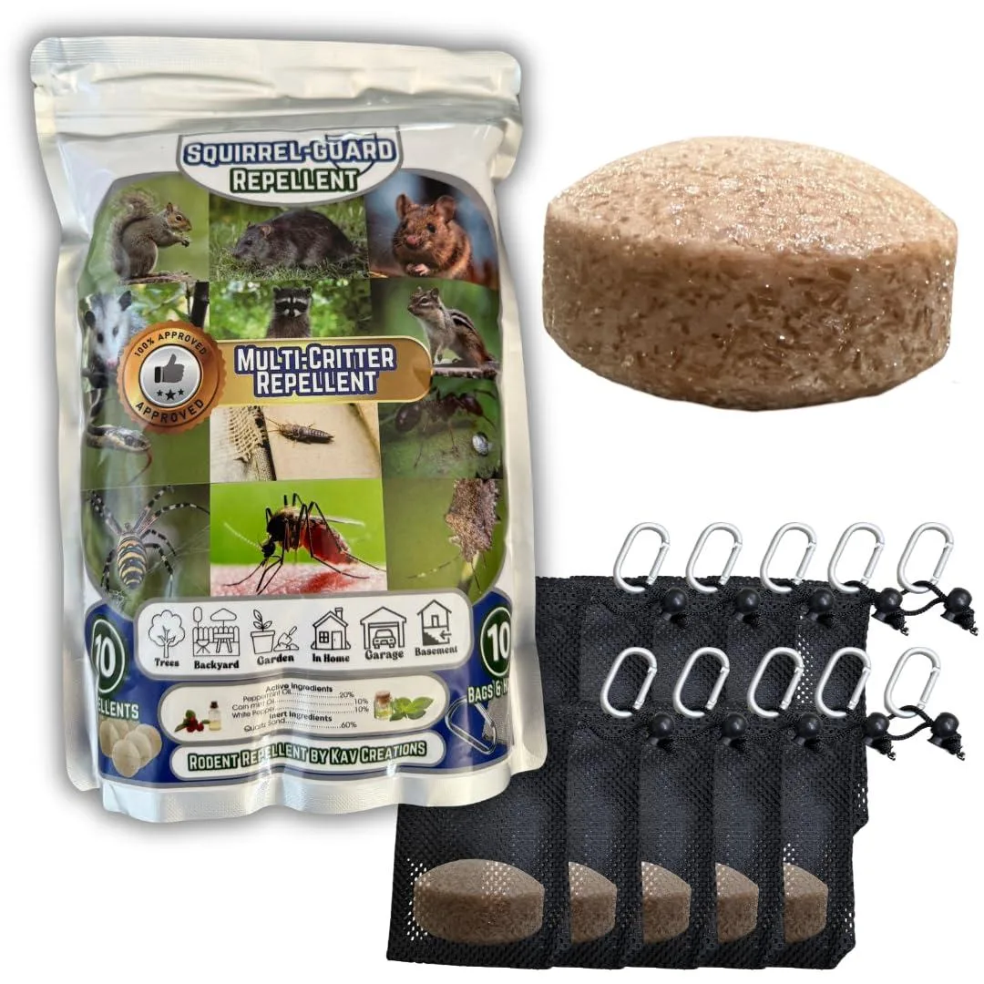 Ten mesh pouches with carabiner clips on a wooden surface