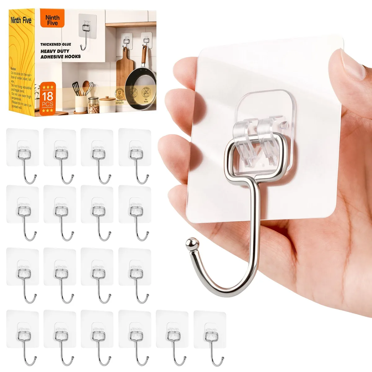 Clear adhesive hooks with stainless steel arms and 180° swivel, 18 pack
