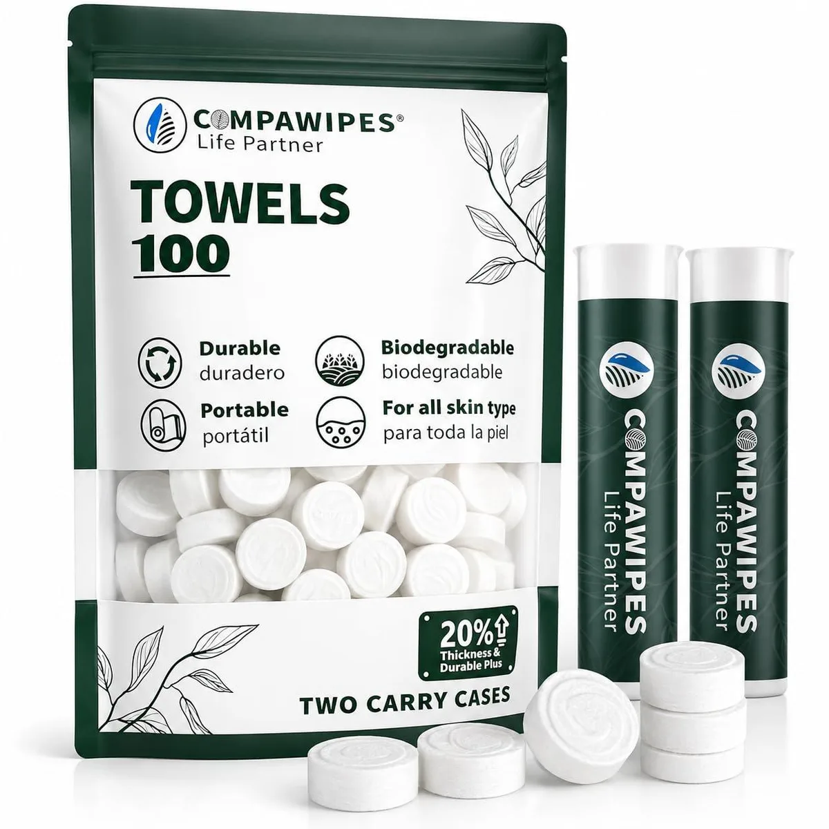 White cotton compressed towel tablets in a rectangular pack of 100