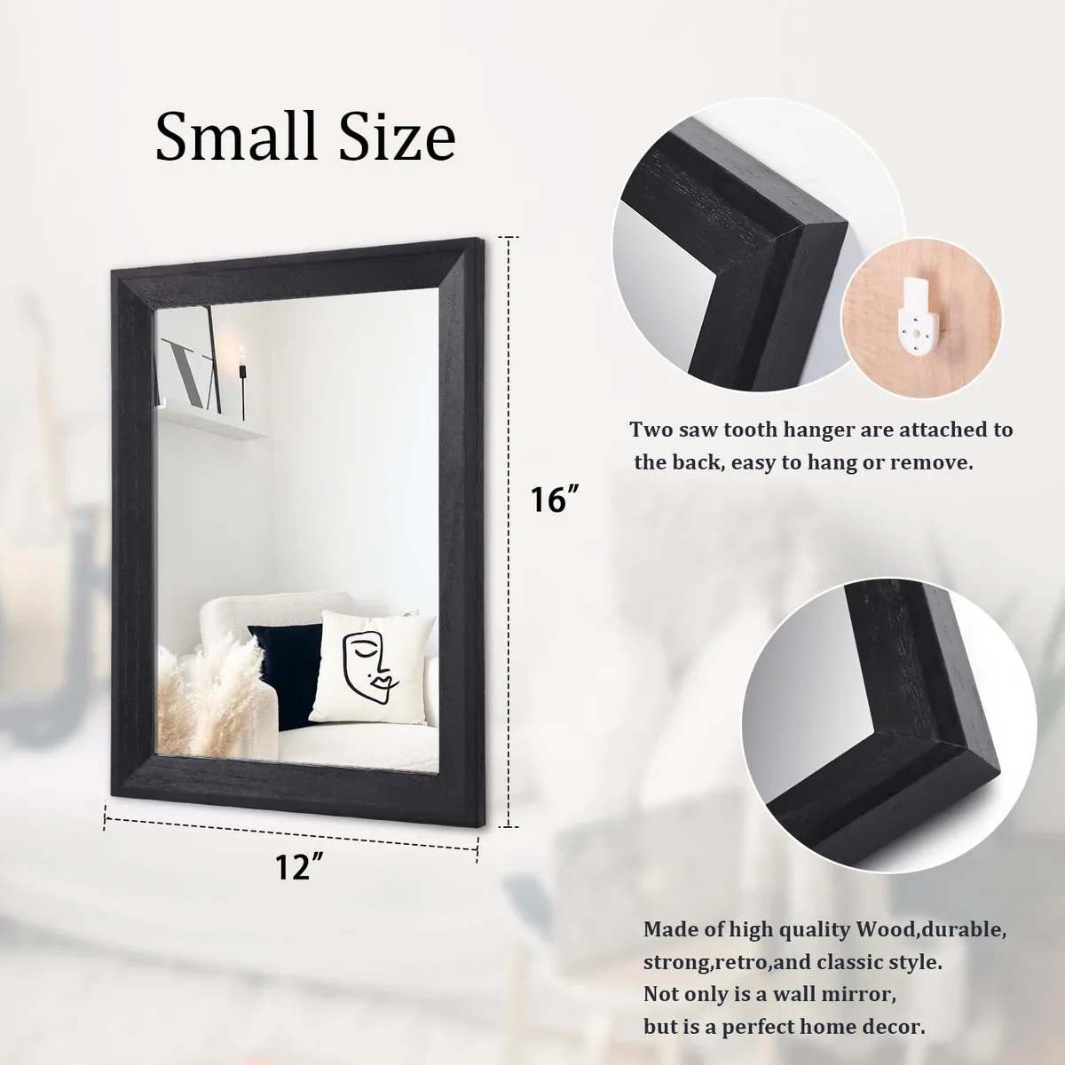  AAZZKANG Wall Mirror Black Wood Frame 16x12 — product photo