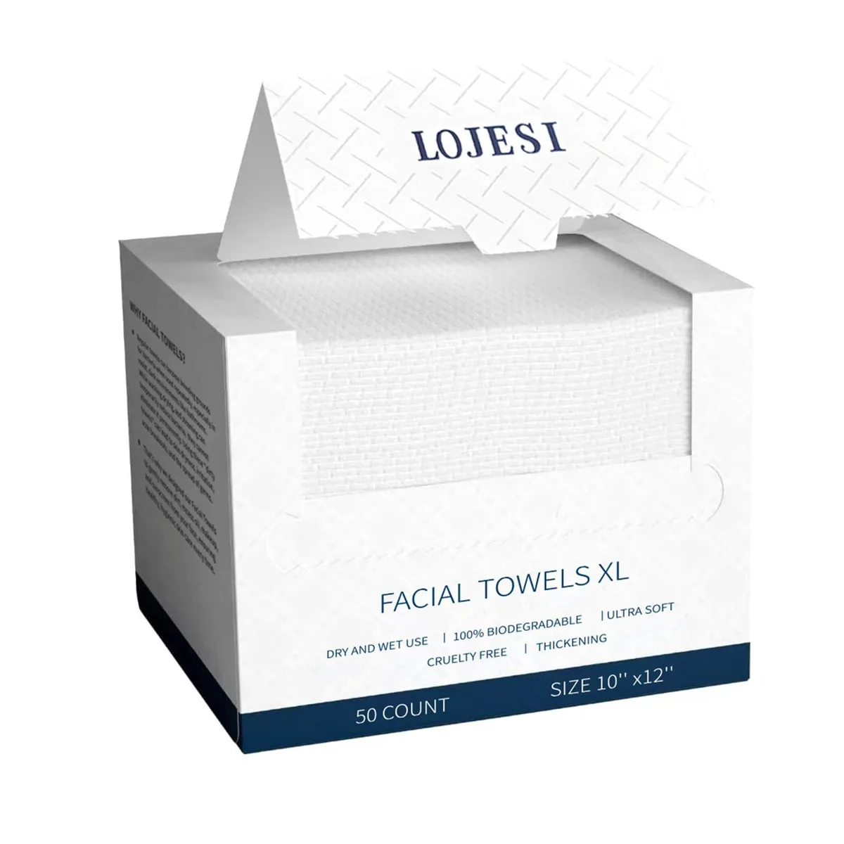 White rectangular box containing 50 disposable cotton face towels