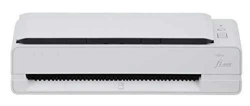 Compact white document scanner with front paper feed tray and top output tray
