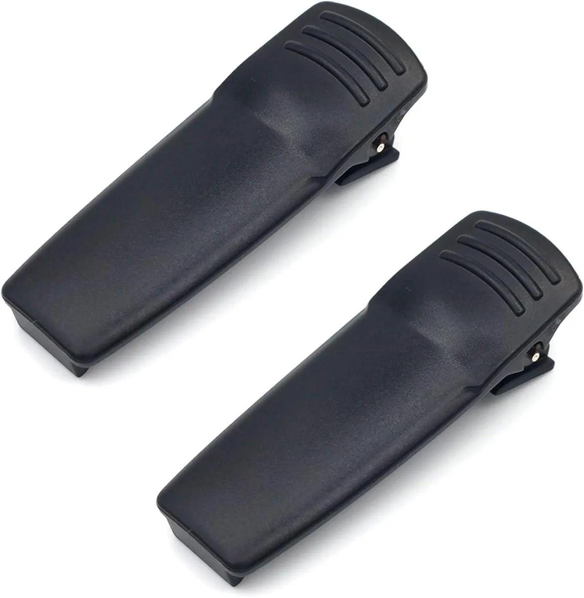 Two black plastic belt clips with spring-loaded metal clips, sold as a pair