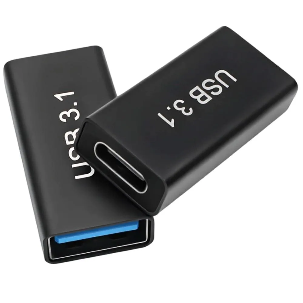 Two small black rectangular USB-C to USB-A adapters with aluminium shells