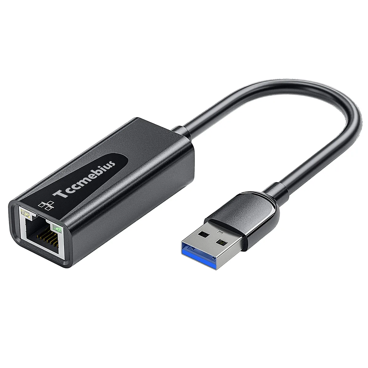 Small black USB 3.0 to Gigabit Ethernet adapter with RJ45 port