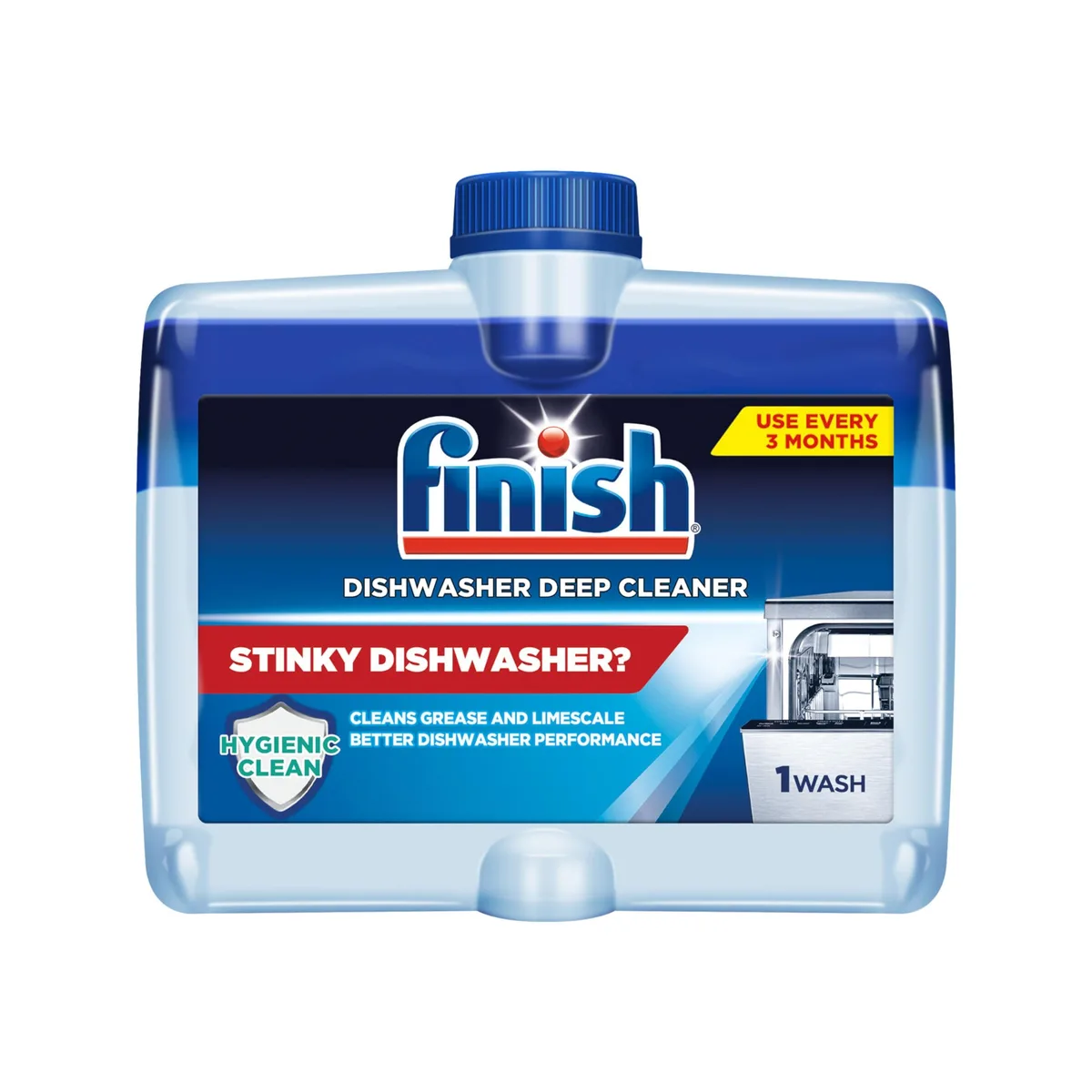 White plastic bottle of dishwasher cleaner liquid 8.45oz