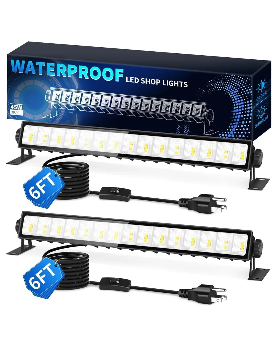 Two rectangular graphene LED shop lights with adjustable brackets and power cords