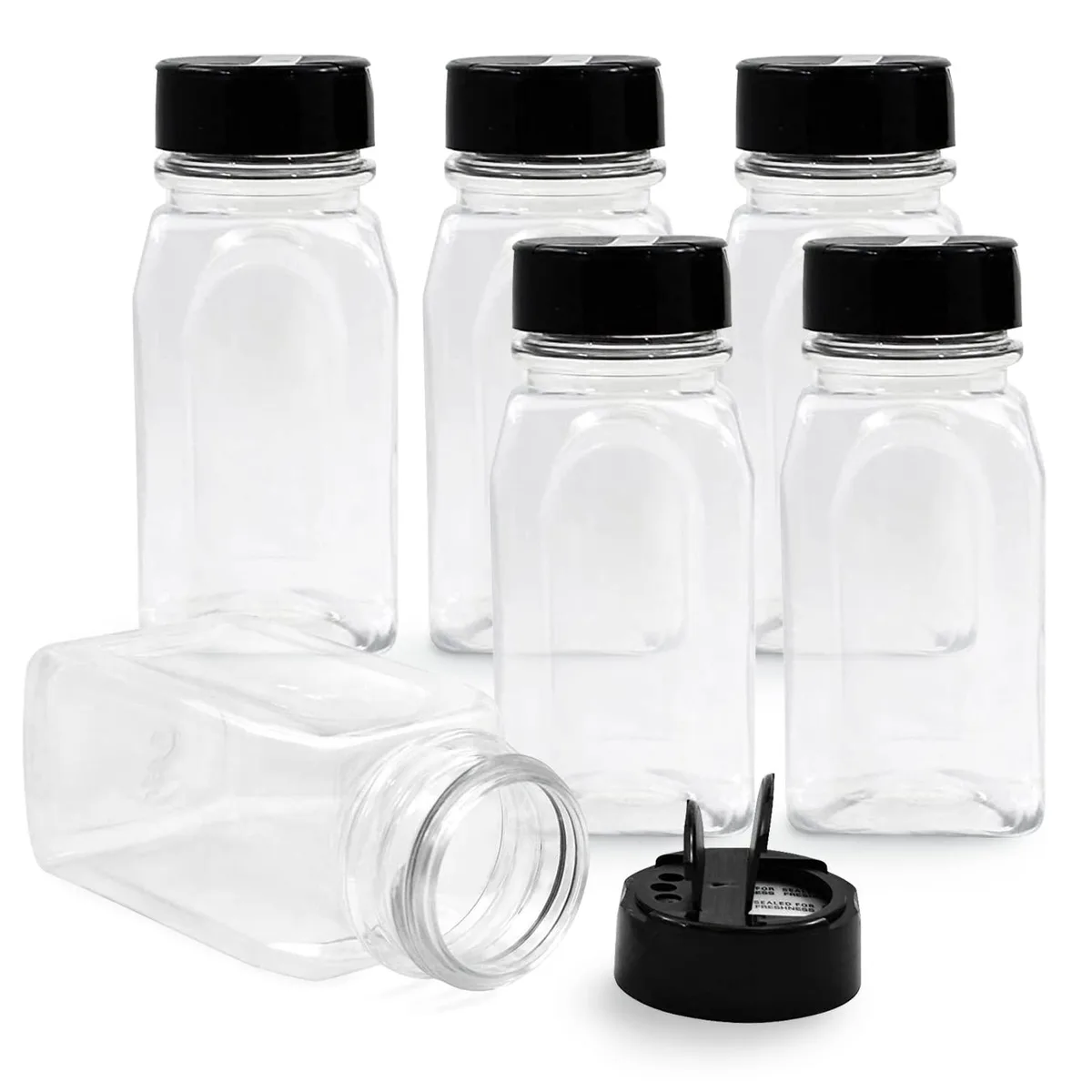 Six clear 9.5 oz spice jars with black flip-top lids