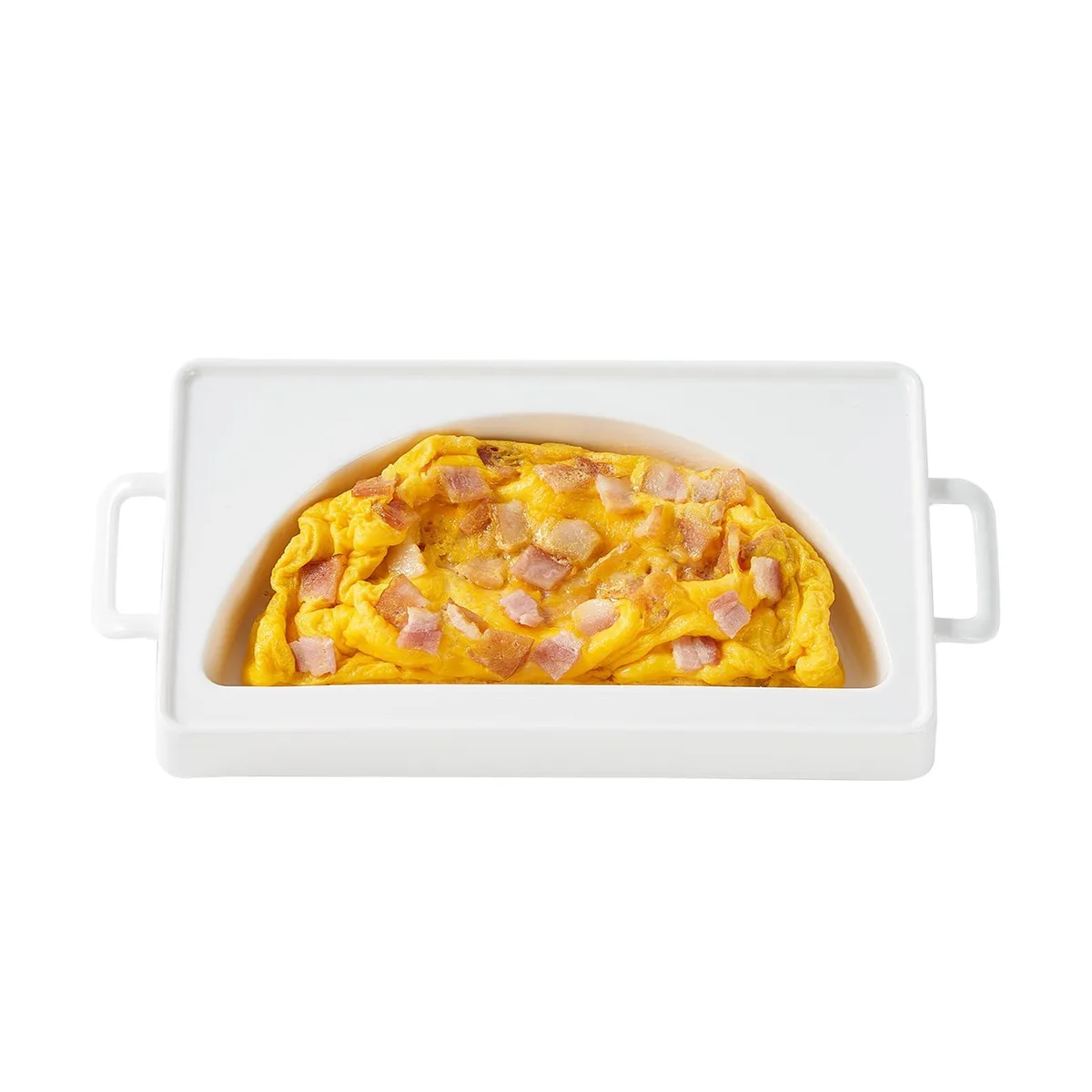 White ceramic microwave omelet maker, rectangular with rounded corners, smooth glossy finish, holds one to three eggs