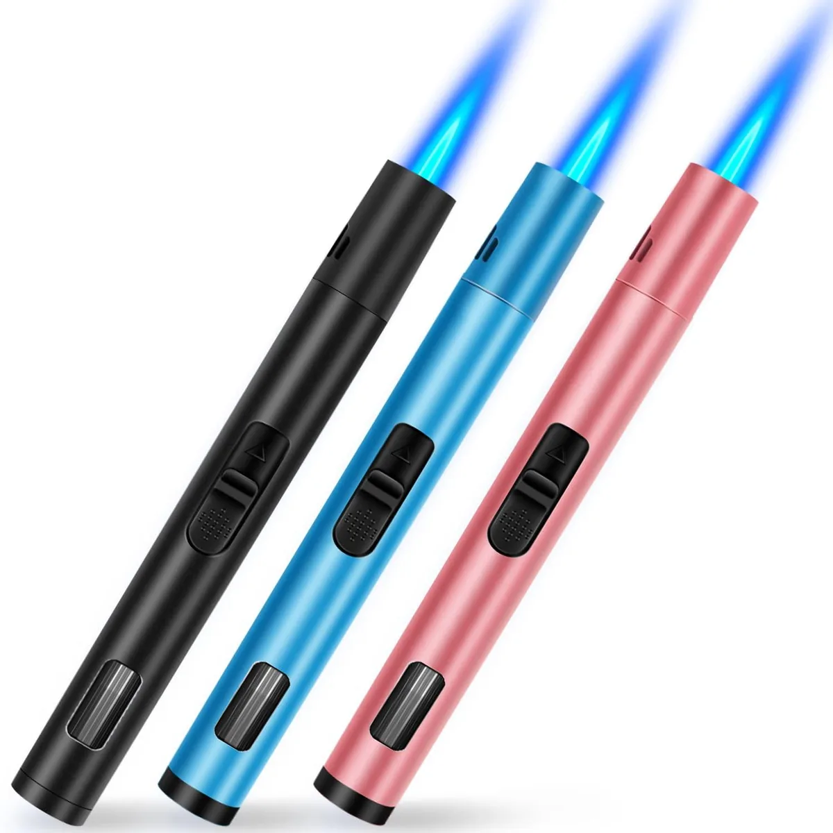Three refillable butane torch lighters in black, blue and rose gold with visible fuel windows