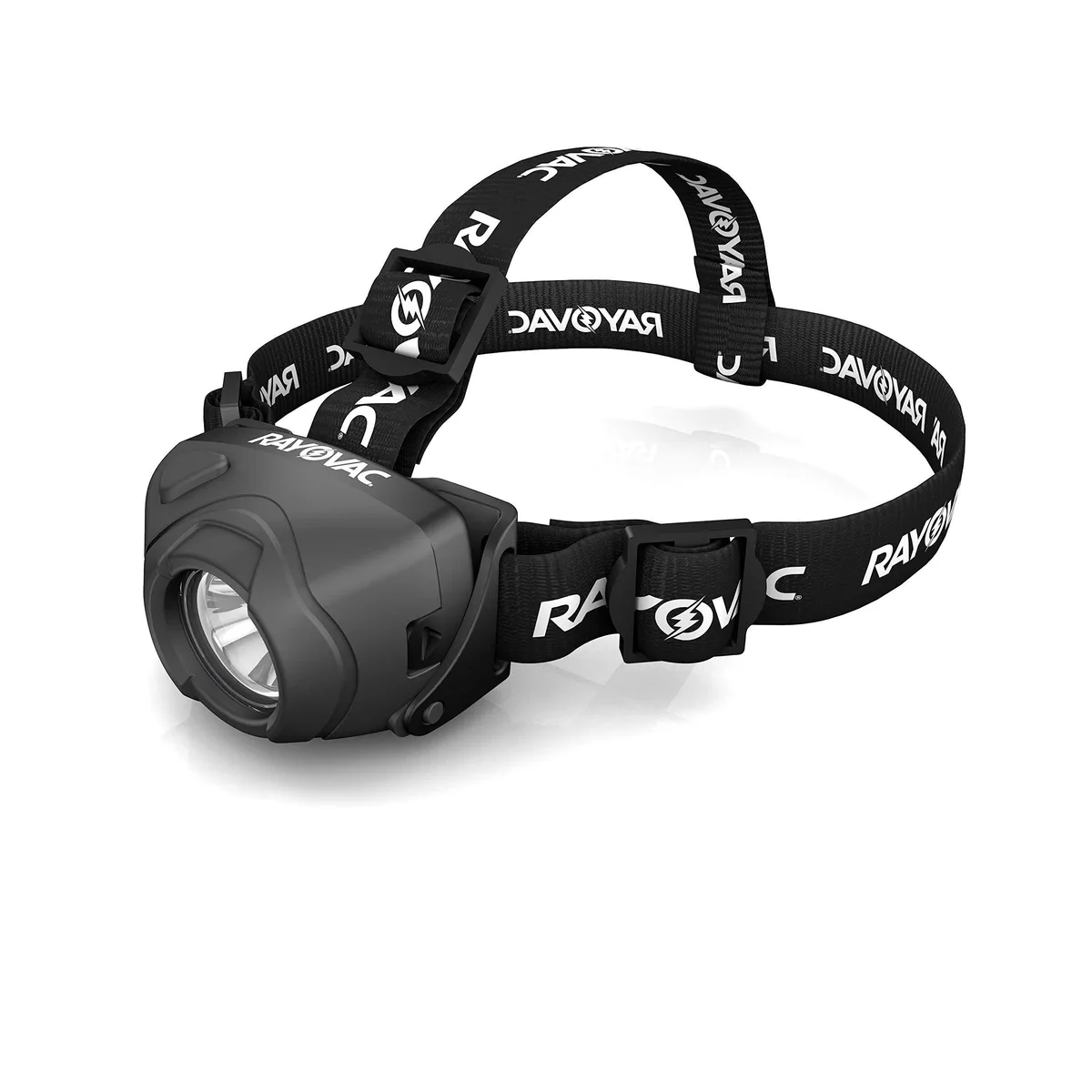 Black LED headlamp with cloth-silicone strap, aluminum body, rubber bezel, compact rectangular shape