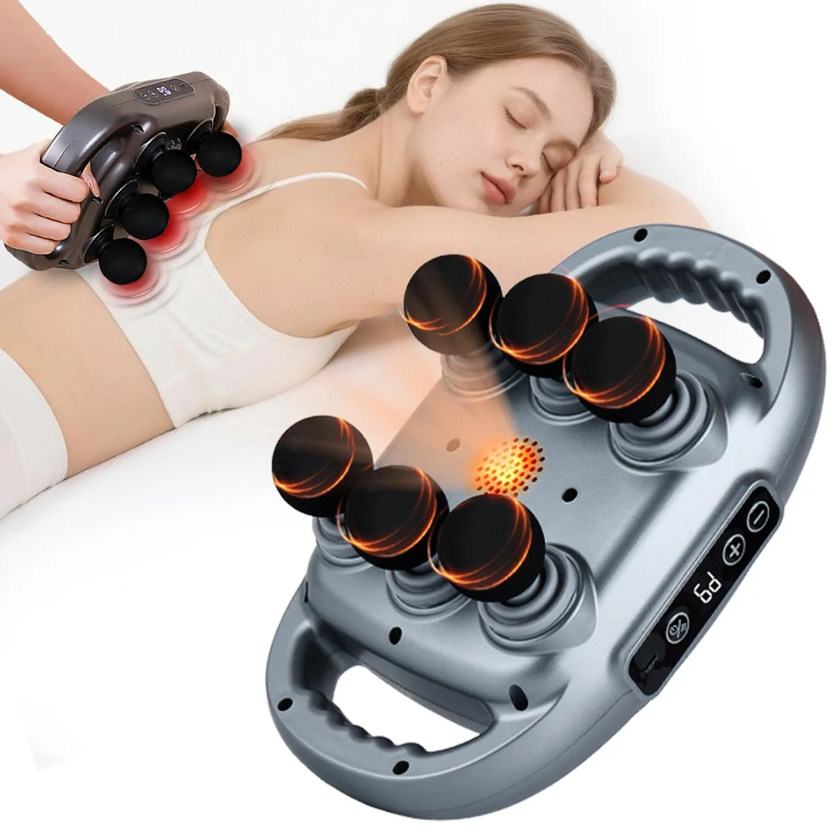 Blue handheld massage gun with six interchangeable heads, ABS body, 11 x 6.7 x 4.7 inches