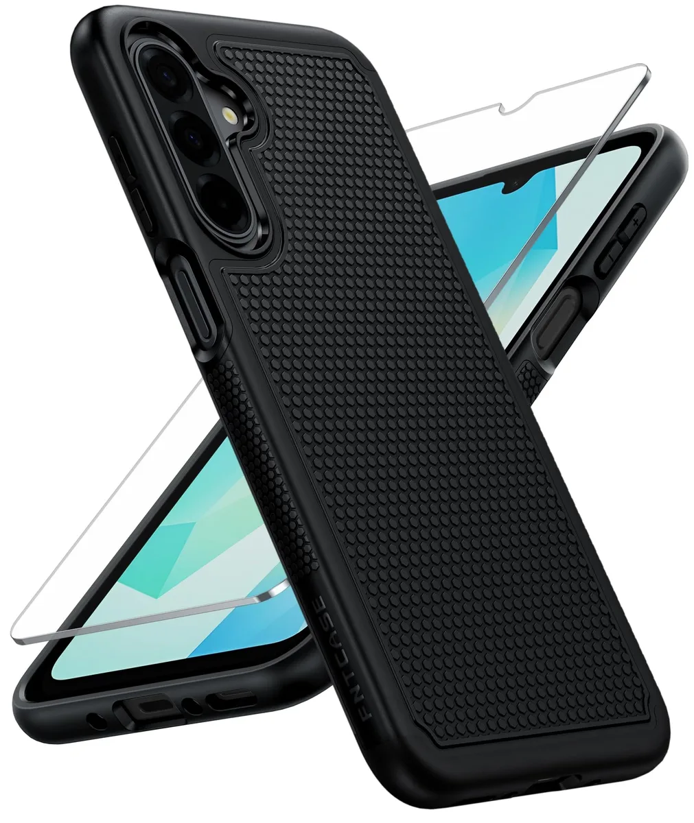 Black dual-layer phone case with matte textured back and raised camera bezel