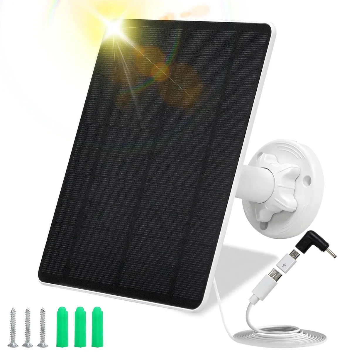 Rectangular 5W solar panel with 360° adjustable mount, dark blue cells, silver frame, IP65 waterproof, 8.3 by 6.77 by 1.8 in, .39 kg