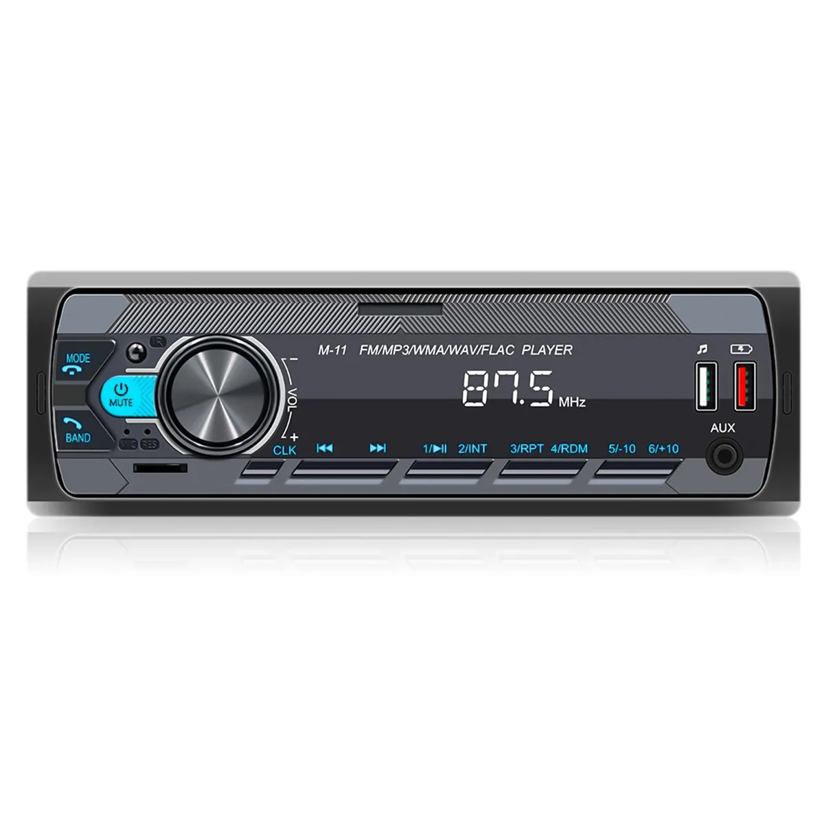 Black single DIN car stereo with silver rotary knob and small display