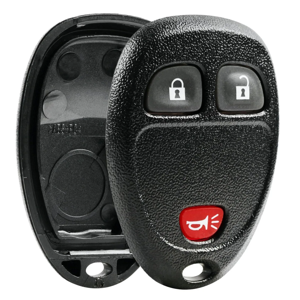 Black plastic key fob shell with rubber button pad, empty interior visible