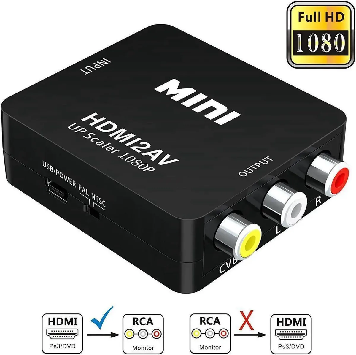 Small black box with HDMI port and three RCA sockets