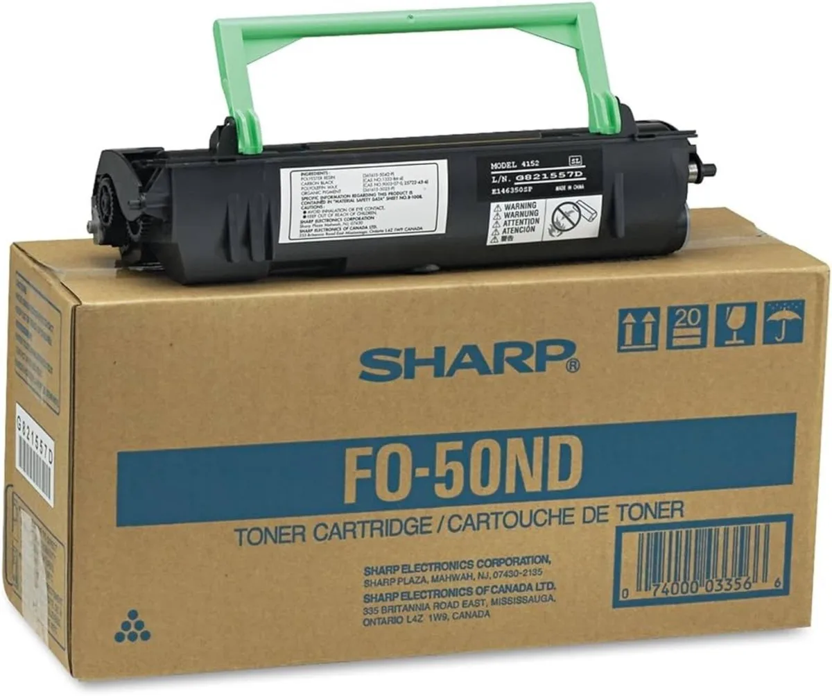 Black toner cartridge in rectangular plastic housing