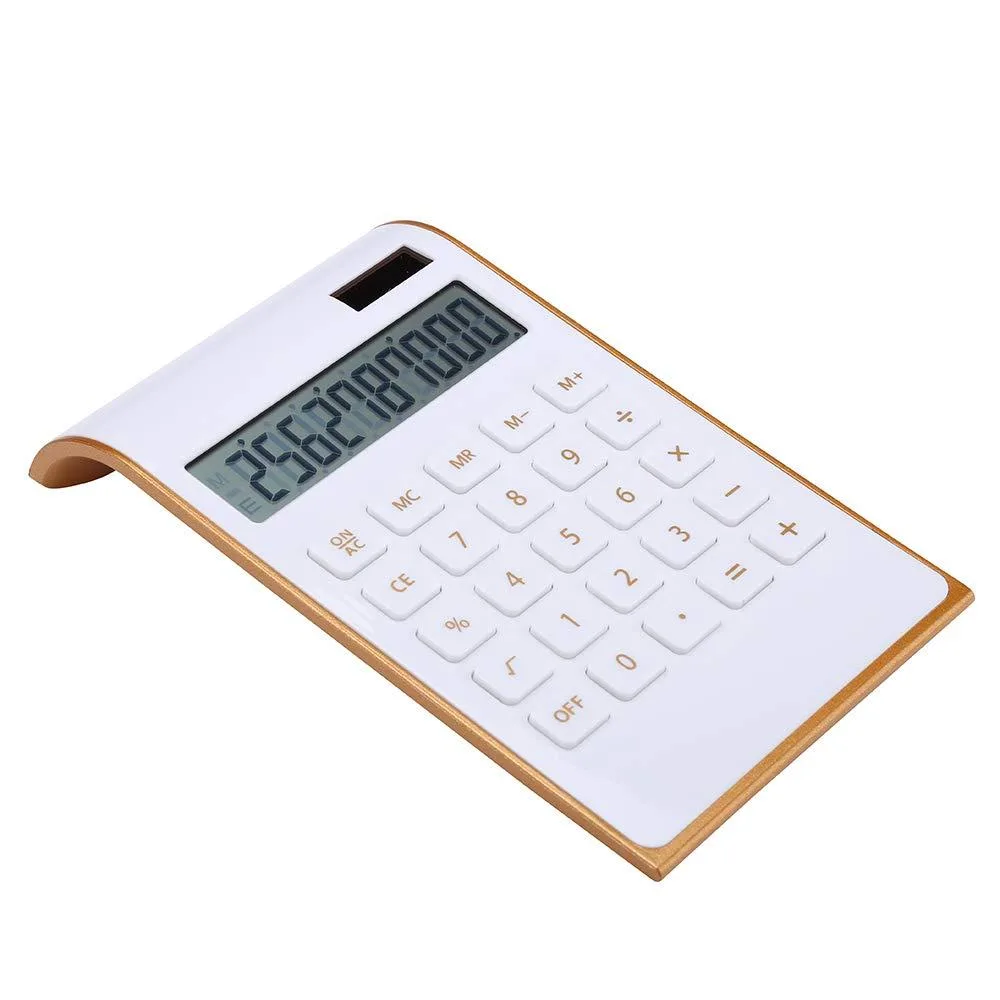 White slim financial calculator with tilted 10-digit LCD display