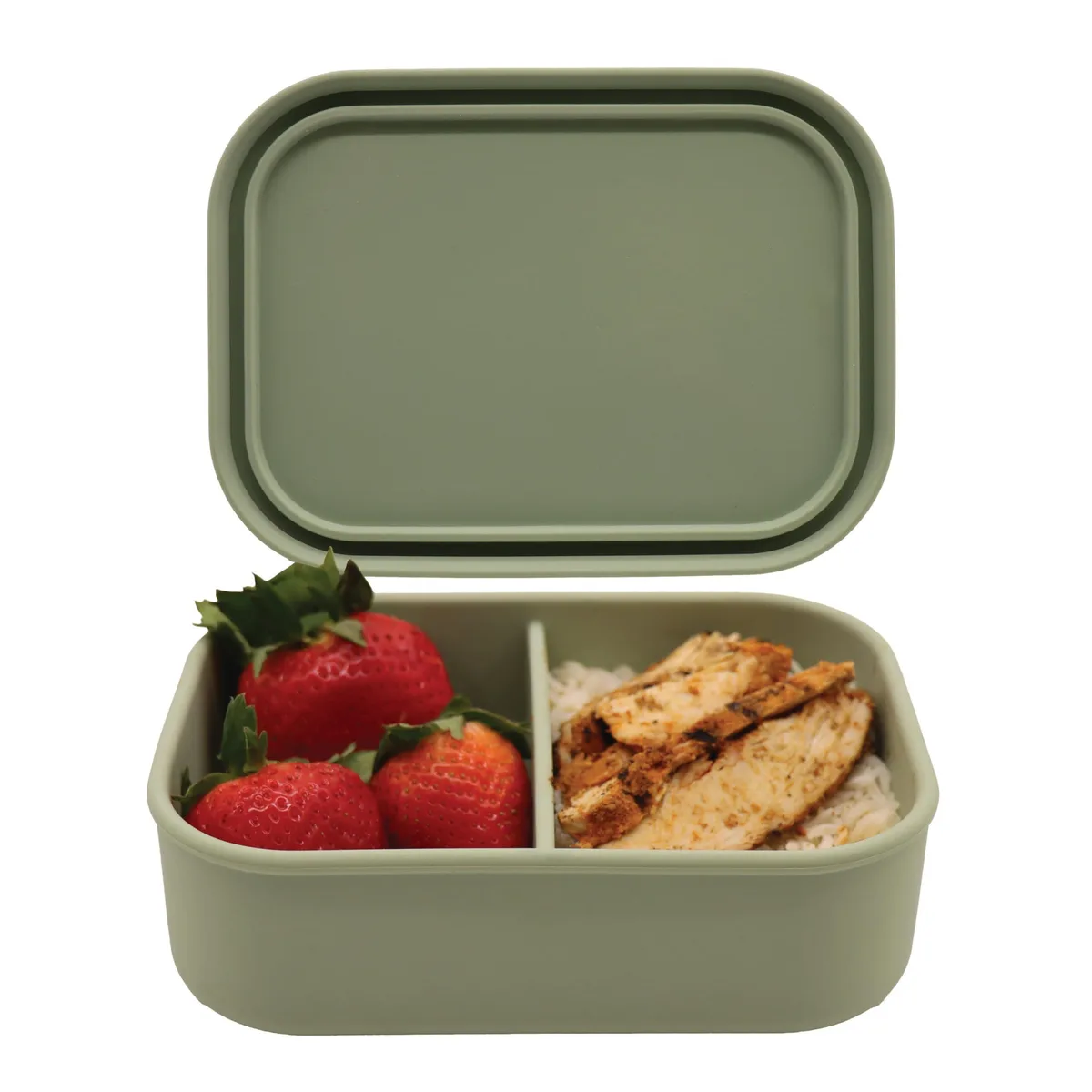 Red silicone bento box with two divided compartments