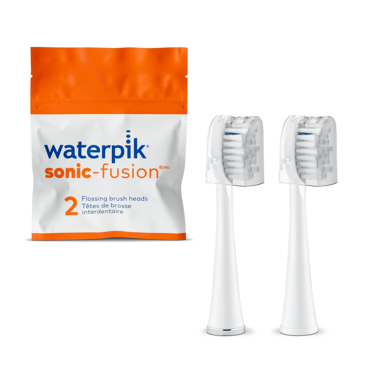 Two white full-size brush heads with color-coded rings and covers