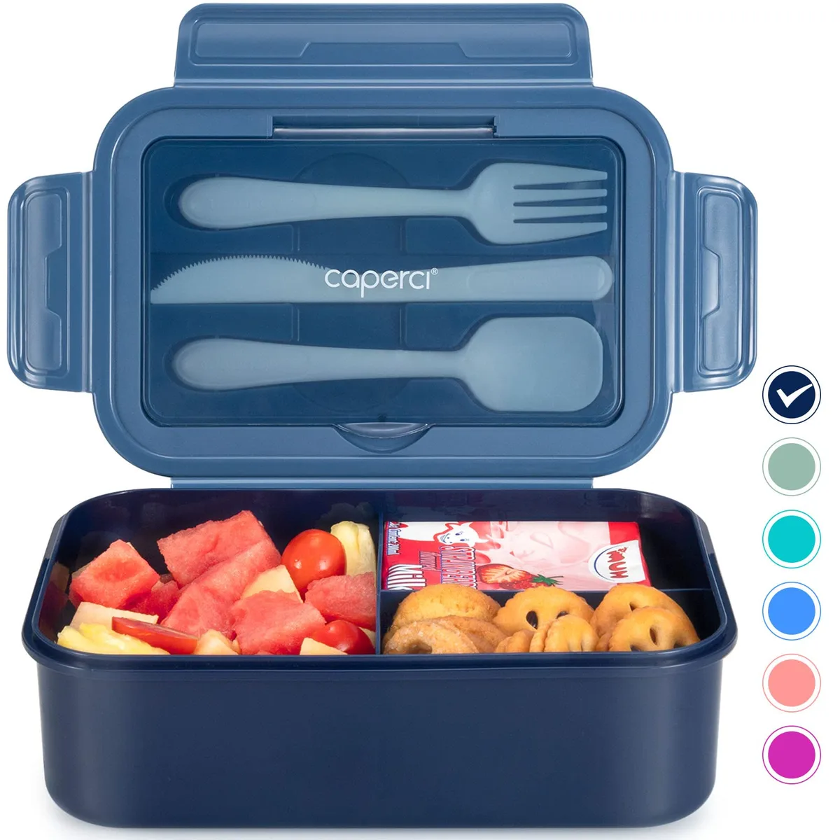 Navy blue rectangular bento box with three compartments and built-in utensils