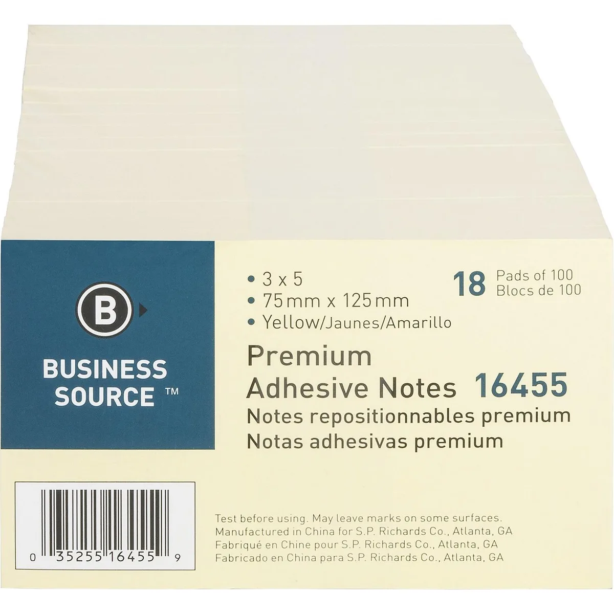 Business Source Business Source 16455 Adhesive Note Pads 18/Pack 100 Sheets Yellow — product photo