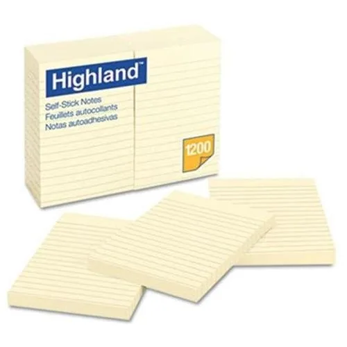 Pack of twelve yellow lined adhesive notepads, four by six inches, one hundred sheets each