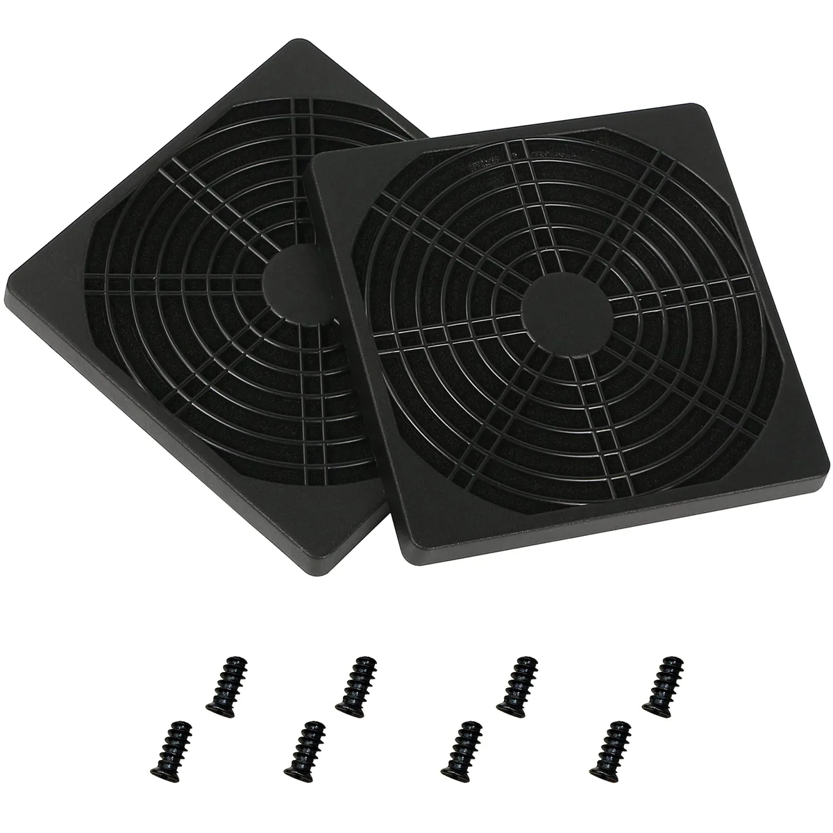 Two black 124mm square metal fan dust filters with screws and screwdriver
