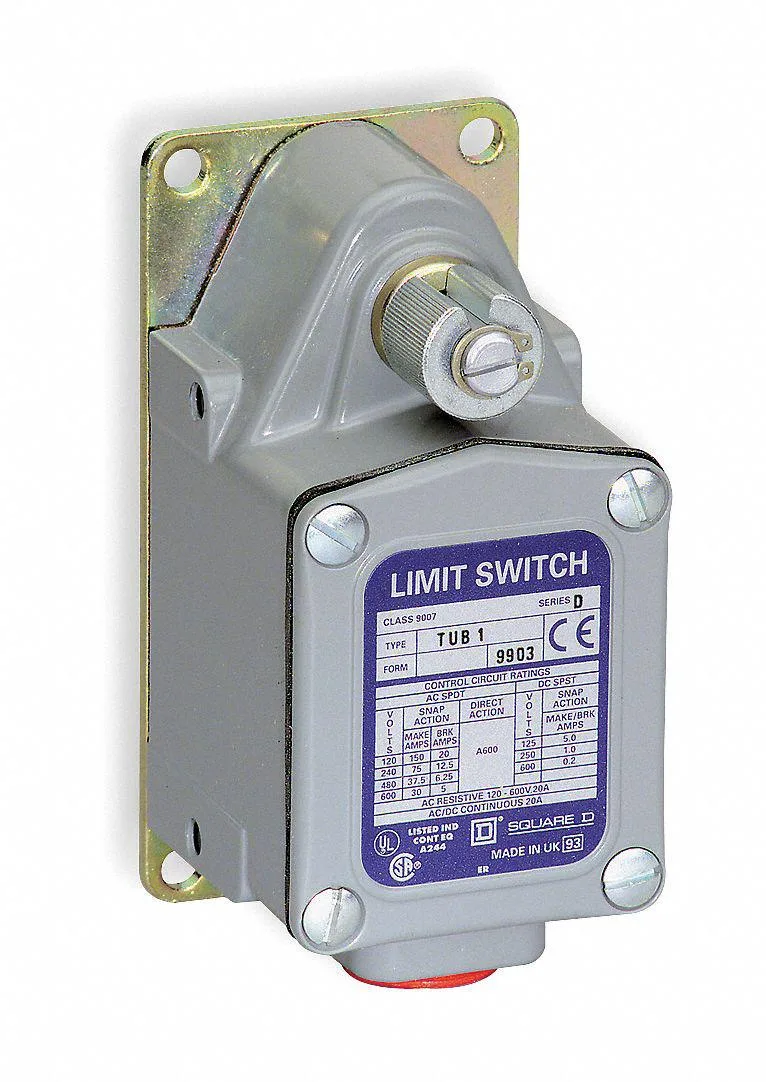 Square D SPDT limit switch, rectangular grey enclosure, side rotary actuator, surface mount base