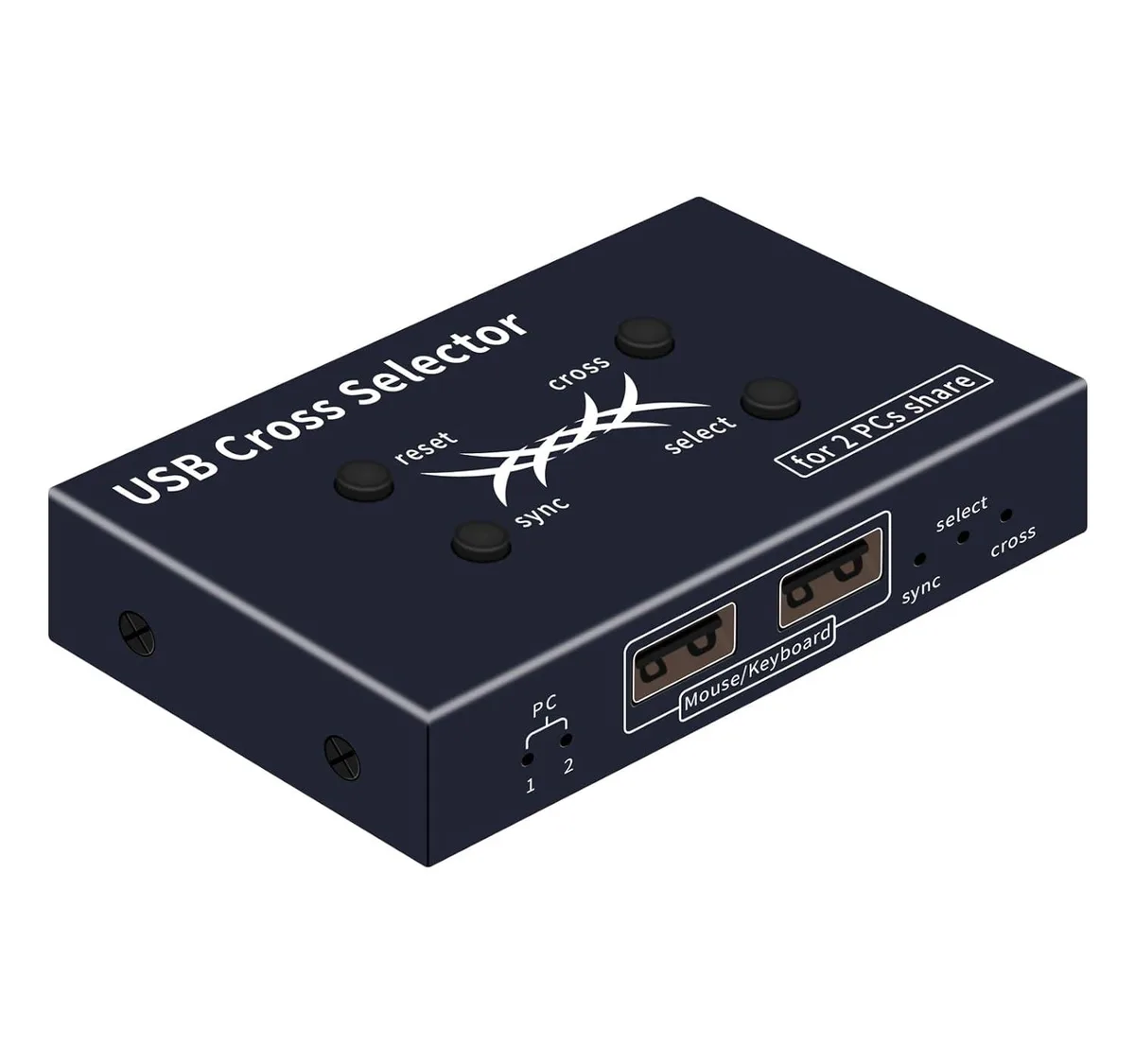 Small rectangular USB KVM switch in matte black finish with USB-A ports, two attached cables and compact dimensions