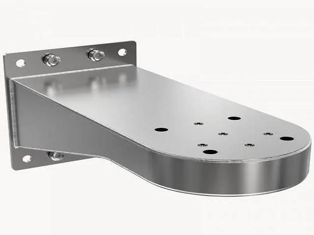 White metal wall mount bracket for Axis camera, cylindrical base with curved arm and cable entry
