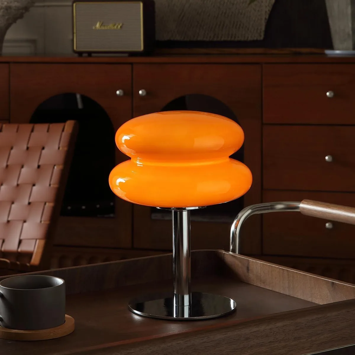 Orange glass mushroom table lamp with chrome base, 7.87 inch shade