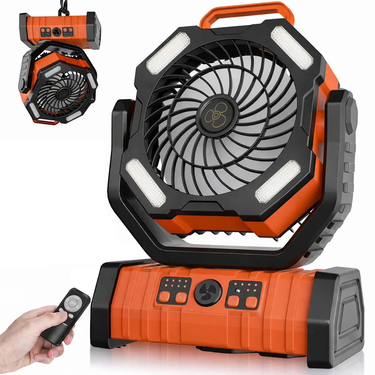Silver portable fan with integrated LED lantern, remote control and Type-C cable, metal finish, 14.33in wide