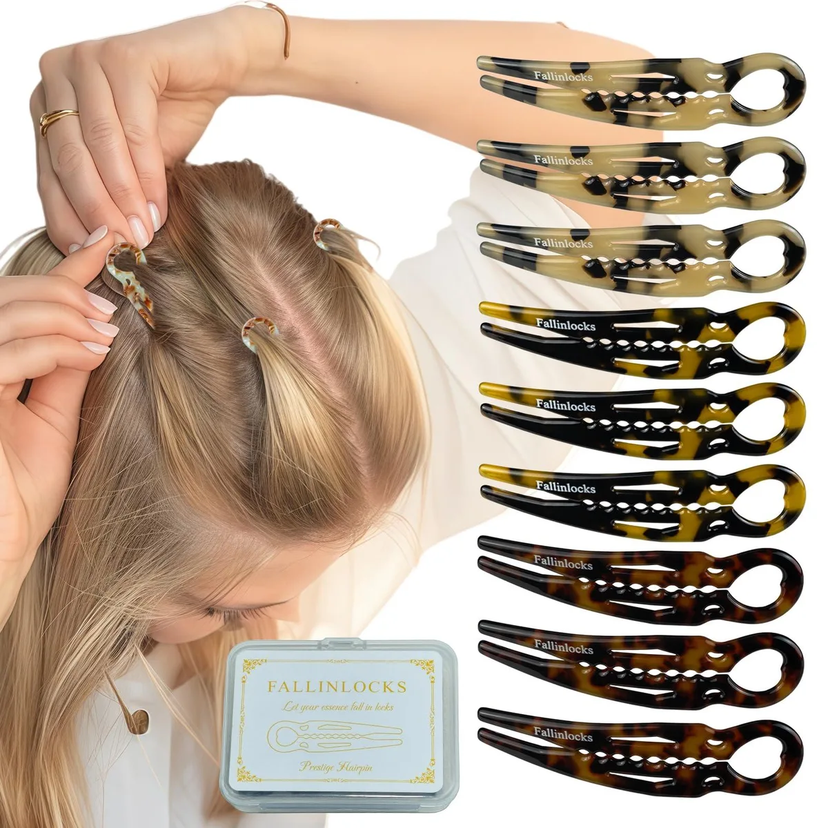 Nine small curved tortoiseshell hair pins in a gift box