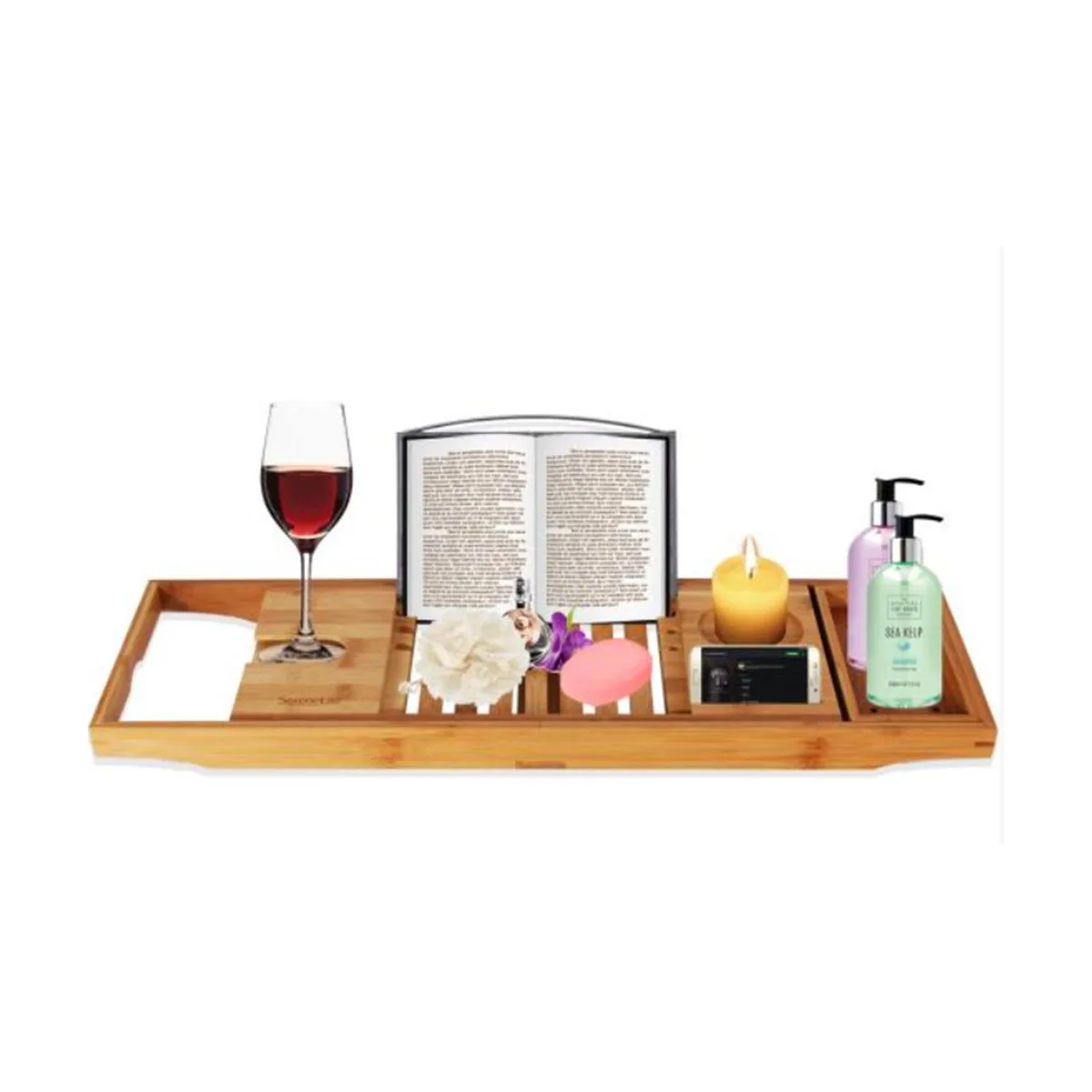 Light bamboo bathtub tray with extending arms, wine glass groove, cup slot, soap dish, book rest and phone holder