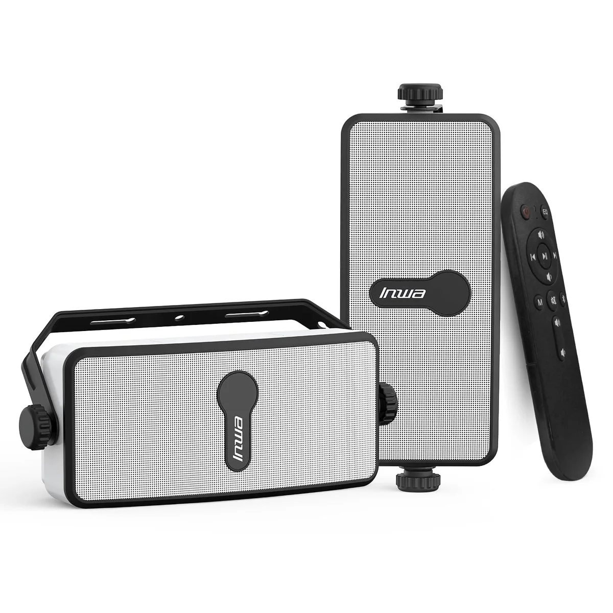 Pair of black rectangular outdoor speakers with wall-mount brackets visible