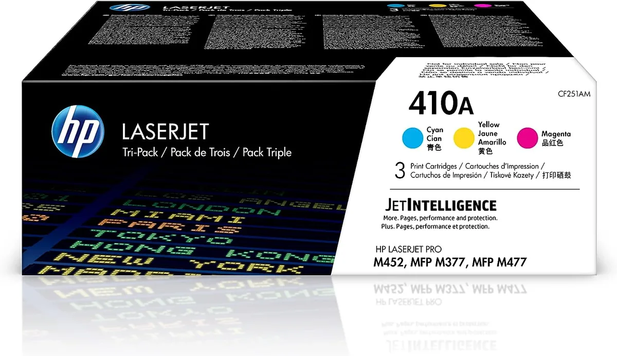 HP HP 410A CF251AM Cyan Magenta Yellow Toner Cartridge Pack ink cartridges (genuine brands) — product photo