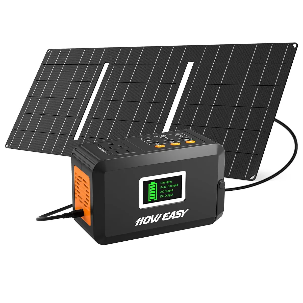 Compact orange and black power station with folding 30W solar panel