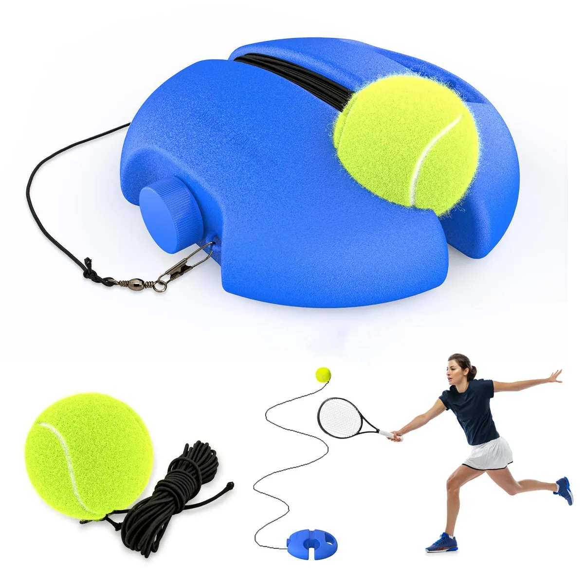 Yellow hollow kettle base with handle, two tennis balls on elastic strings, anti-tangle groove on top