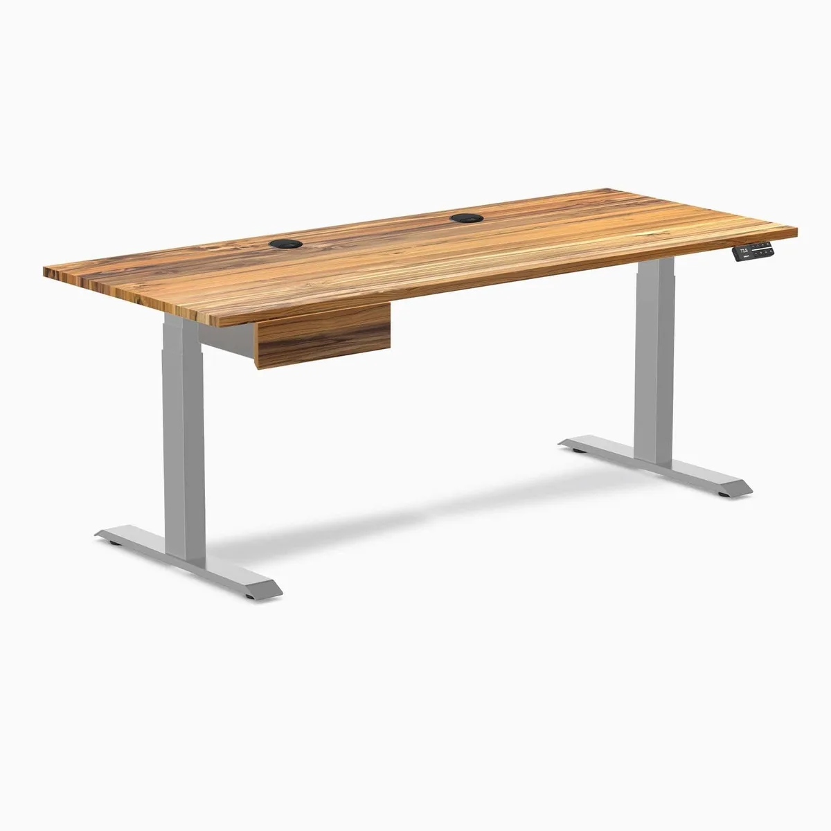 Desky Desky Dual Hardwood Standing Desk With Drawer Teak 72 x 30 inches Grey Frame — product photo